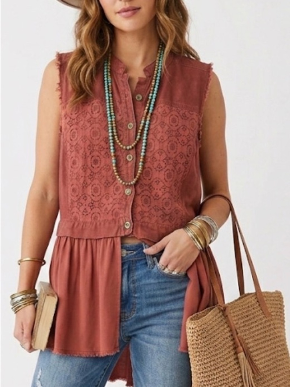 Rust Lace-Panel Sleeveless Peplum Top - Women